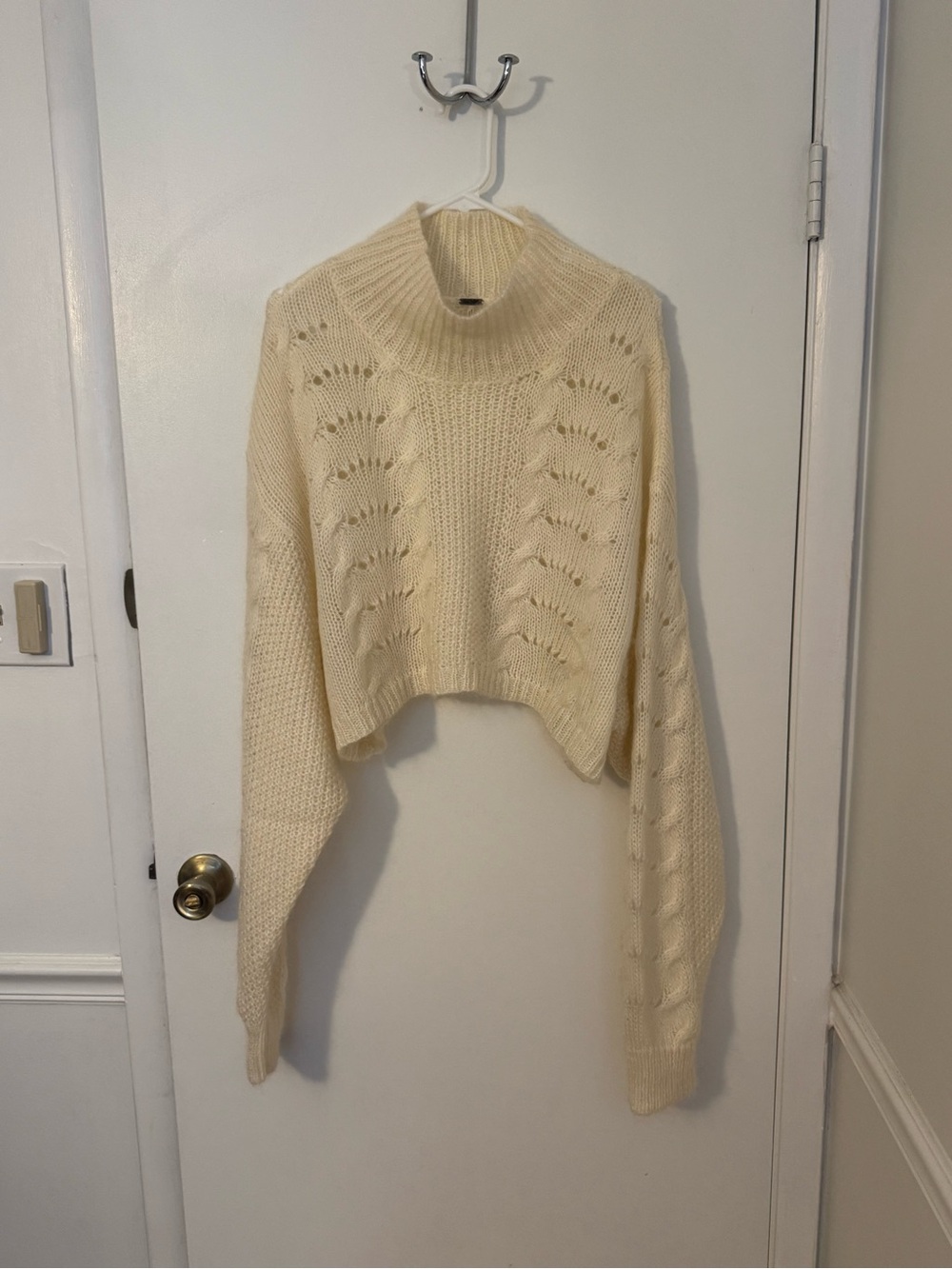Free People Ivory Cable Cropped Turtleneck Sweater